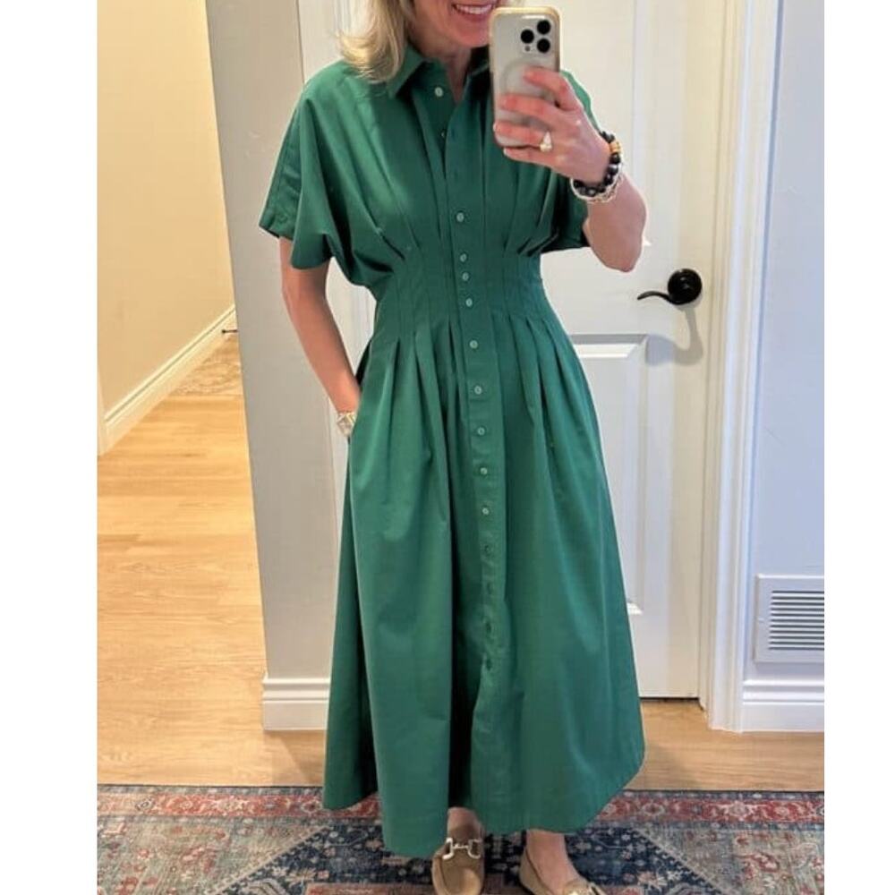 EXQUISE Tobie Button-Front Pleated Shirt Dress in Green Size Small